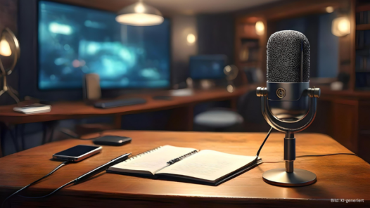 Professionelles Sprecherstudio mit Mikrofon, offenem Manuskript und Briefing-Notizen auf dem Tisch – KI-generiertes Symbolbild für Voice Over Vorbereitung.