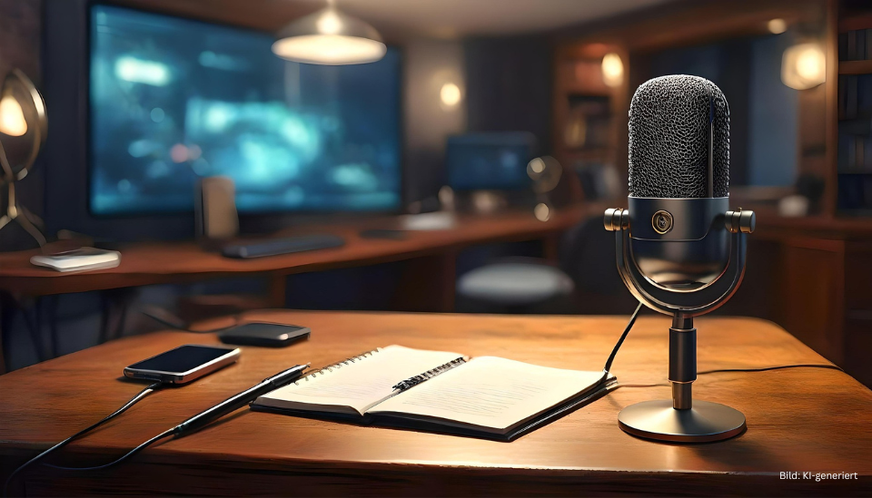 Professionelles Sprecherstudio mit Mikrofon, offenem Manuskript und Briefing-Notizen auf dem Tisch – KI-generiertes Symbolbild für Voice Over Vorbereitung.