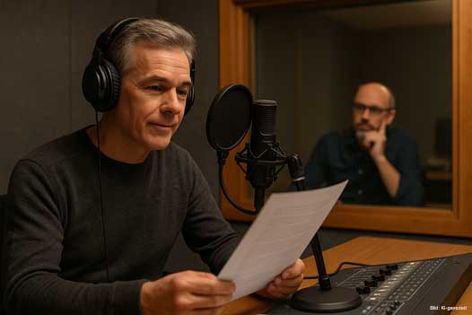 Professioneller Sprecher im Tonstudio mit Manuskript am Mikrofon, im Hintergrund Regisseur hinter der Glasscheibe.