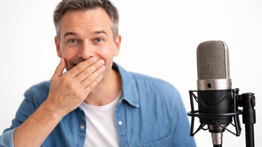 Glücklicher professioneller Sprecher hält sich lächelnd den Mund zu, daneben ein Großmembranmikrofon vor neutralem weißem Hintergrund.