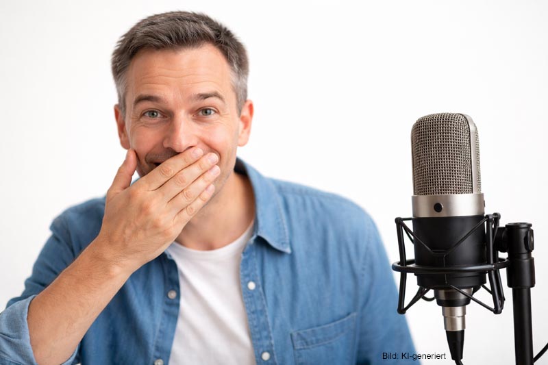 Glücklicher professioneller Sprecher hält sich lächelnd den Mund zu, daneben ein Großmembranmikrofon vor neutralem weißem Hintergrund.